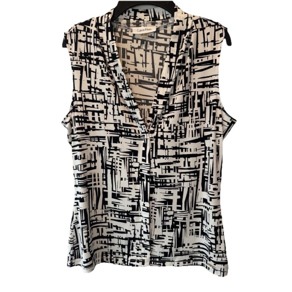 Calvin Klein Womens Black White Abstract Sleeveless Pleated V Neck Top S Classic